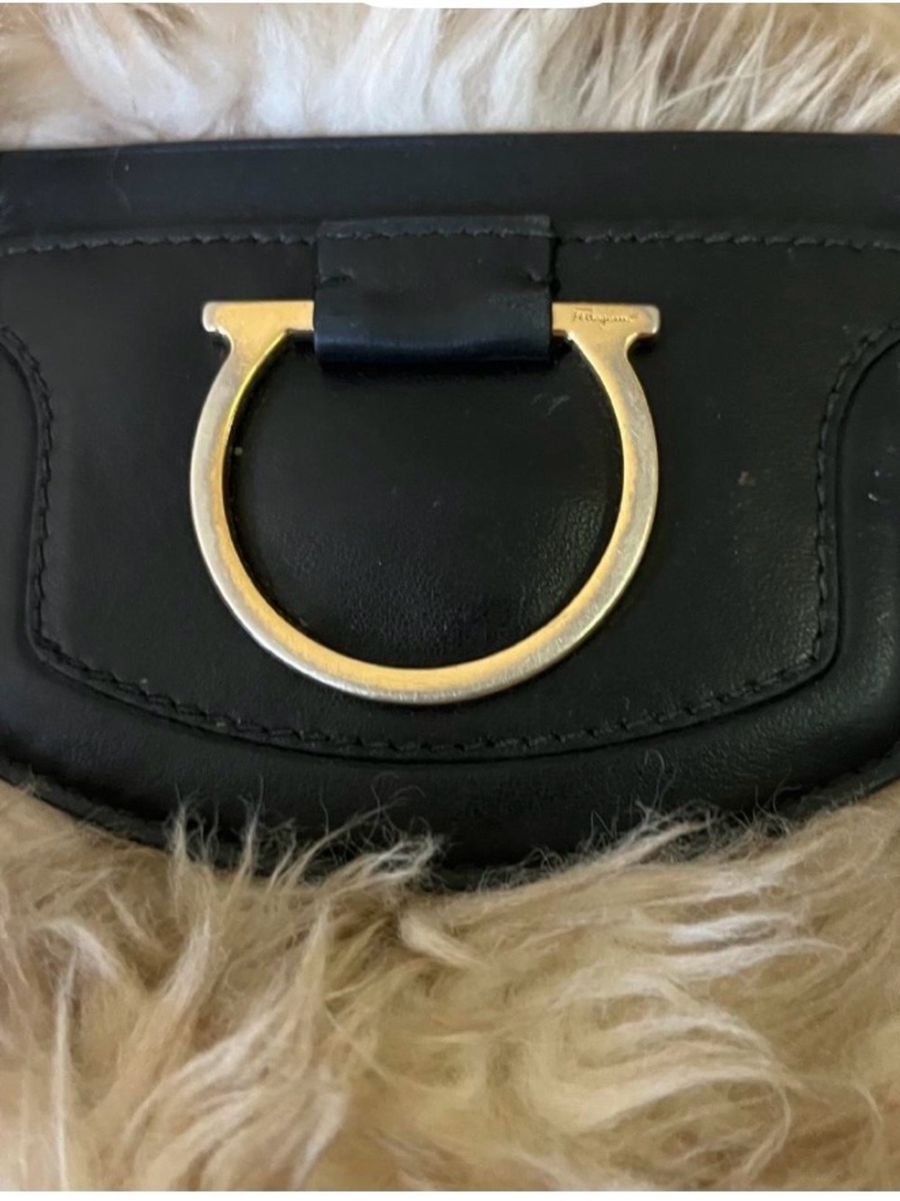 Salvatore Ferragamo Black Leather Clutch with Gold Gancini Ring Accent
